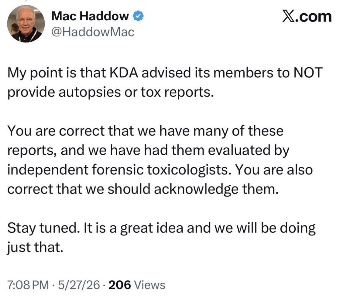 Screenshot of public social media post discussing acknowledgment and public display of autopsy records.