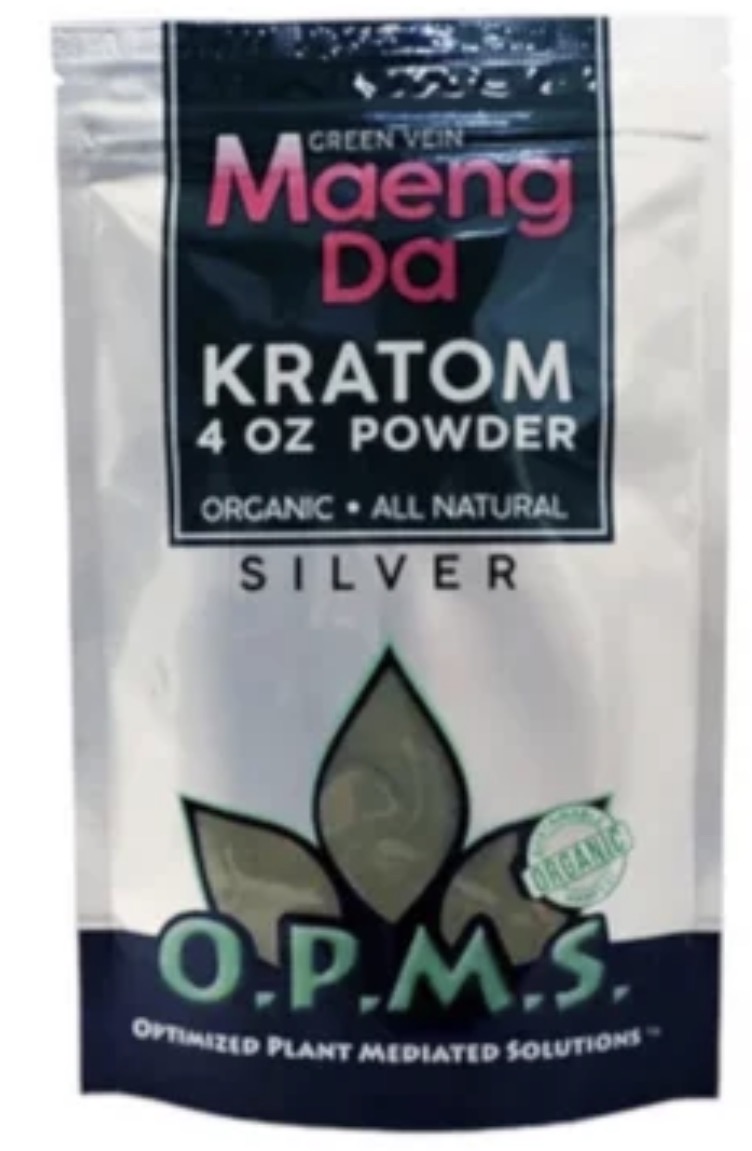 Maeng Da Kratom Powder Silver package with leaf imagery and botanical branding
