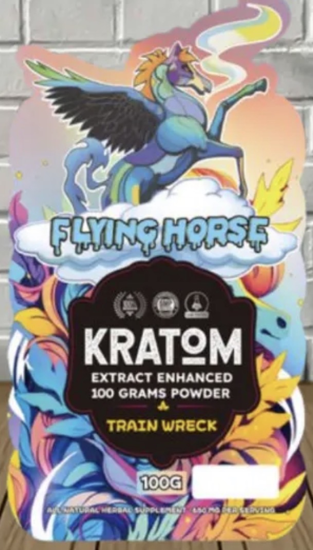 Flying Horse Kratom Powder package with fantasy winged horse artwork and bright graphics
