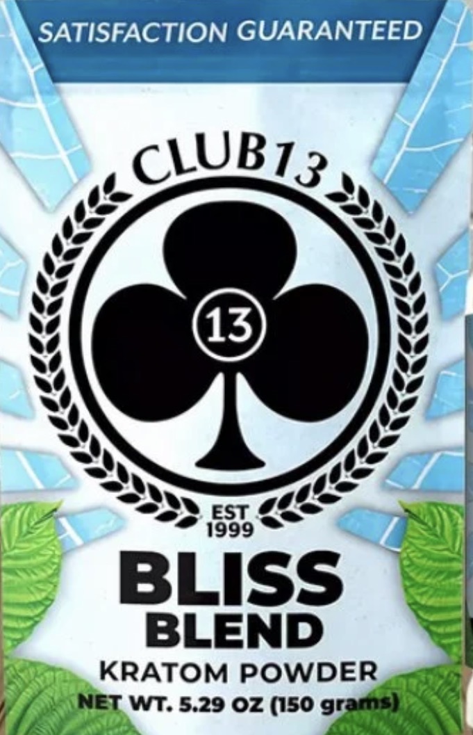 Club 13 Bliss Blend Kratom Powder package with playing‑card club logo and blue‑white wellness branding