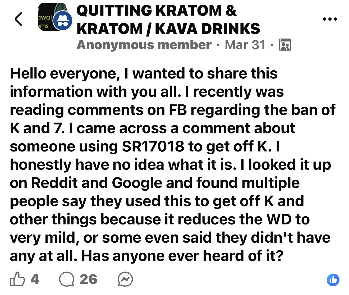 Screenshot of a Facebook post asking about SR-17018