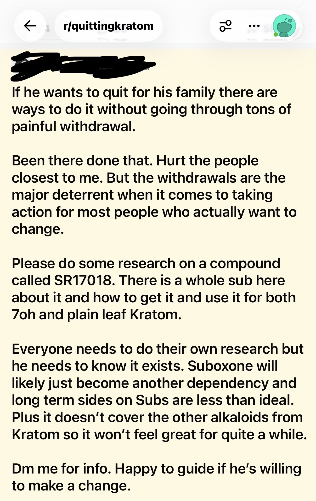User recommending SR-17018 instead of Suboxone