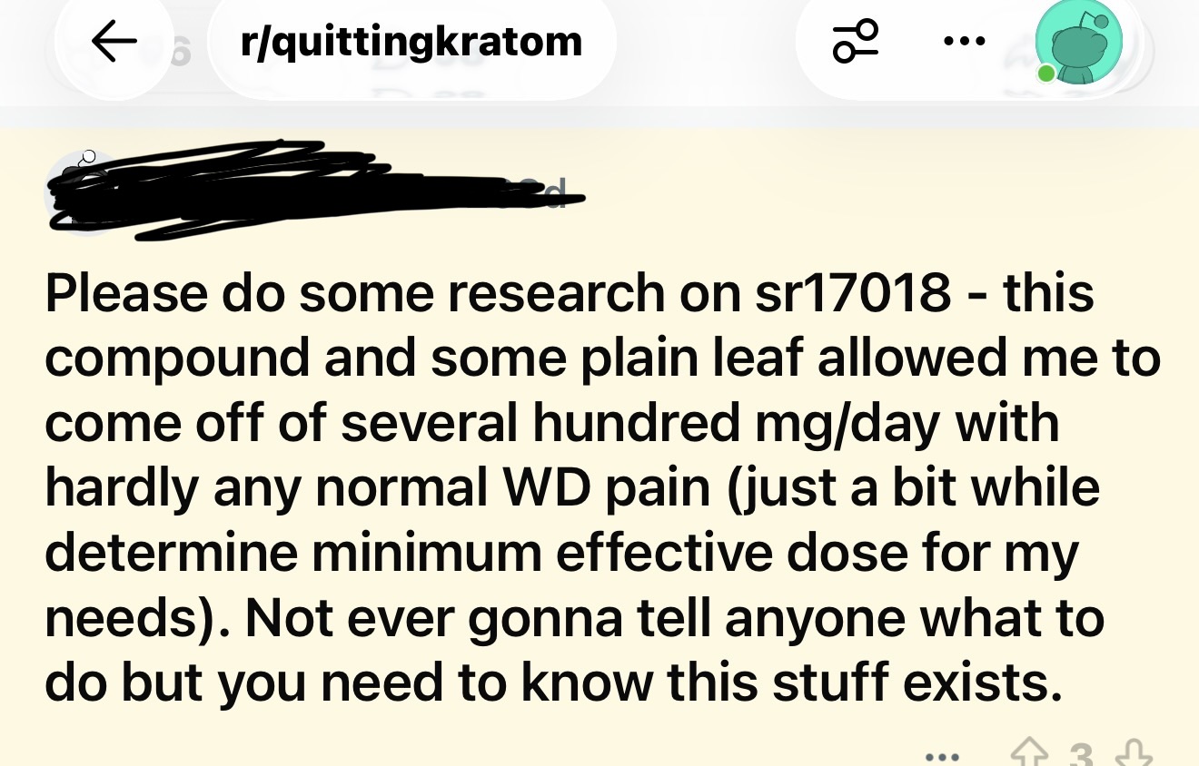 User testimonial claiming SR-17018 allowed them to stop with almost no withdrawal