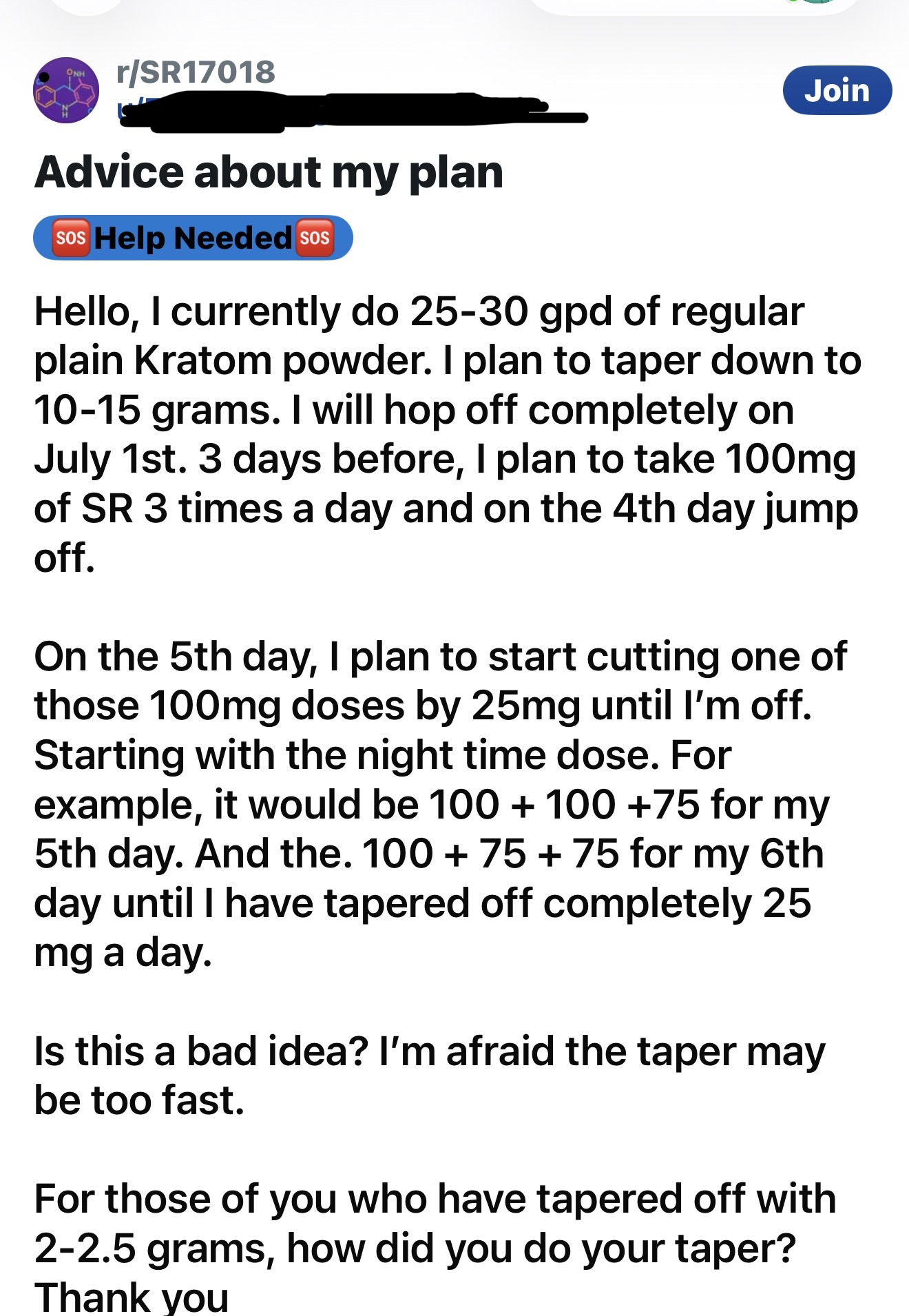 Detailed taper schedule screenshot from a forum