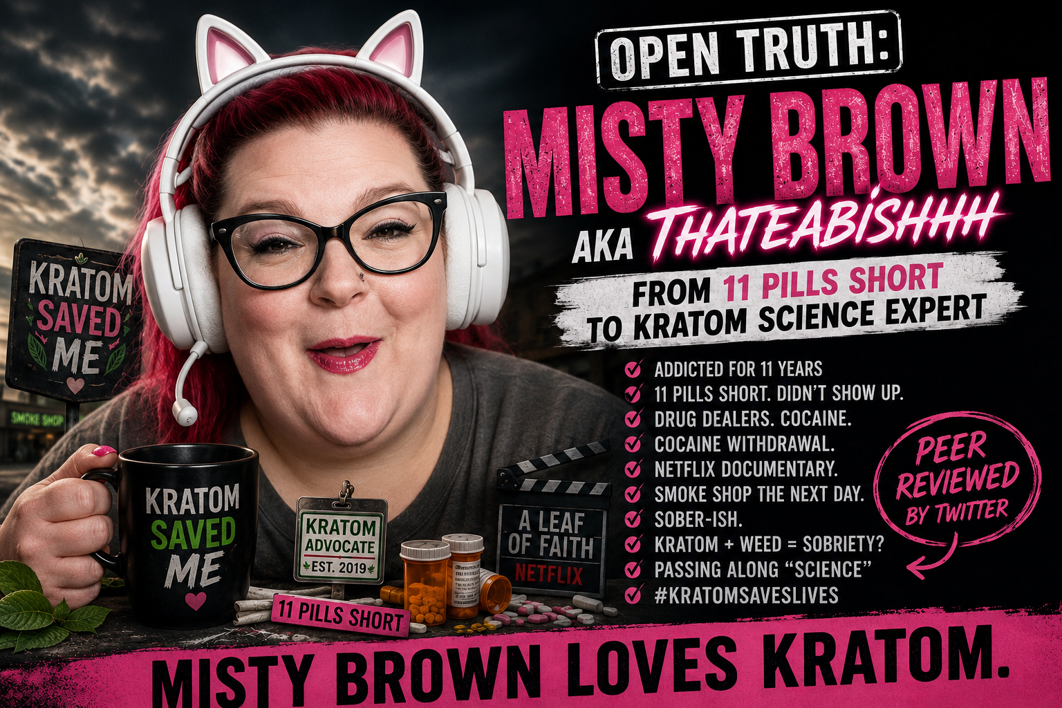 Open Truth: Misty Brown — editorial caricature referencing her public kratom advocacy and legislative testimony