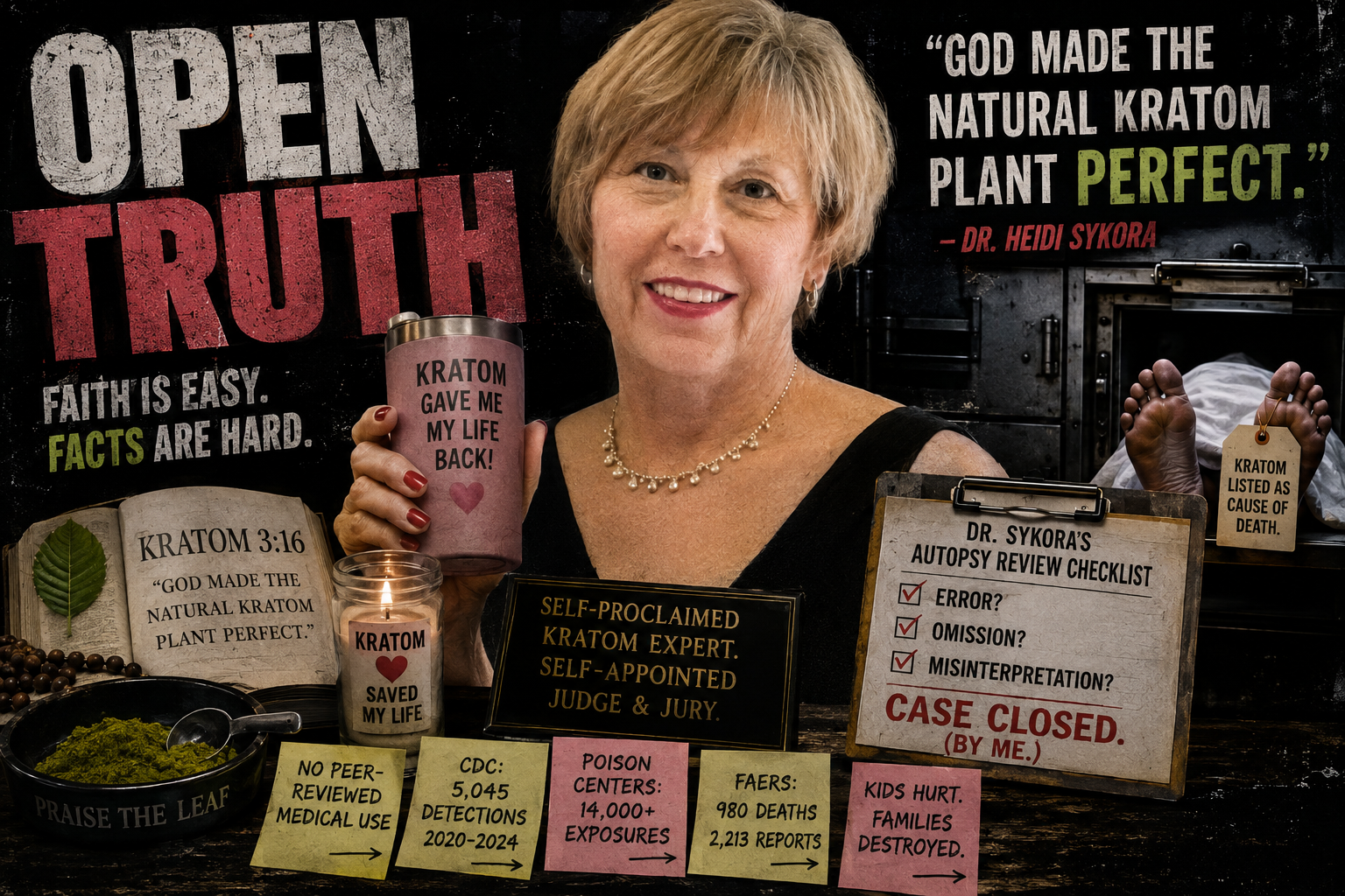 Open Truth: Dr. Heidi Sykora — editorial illustration referencing her kratom advocacy and autopsy review claims