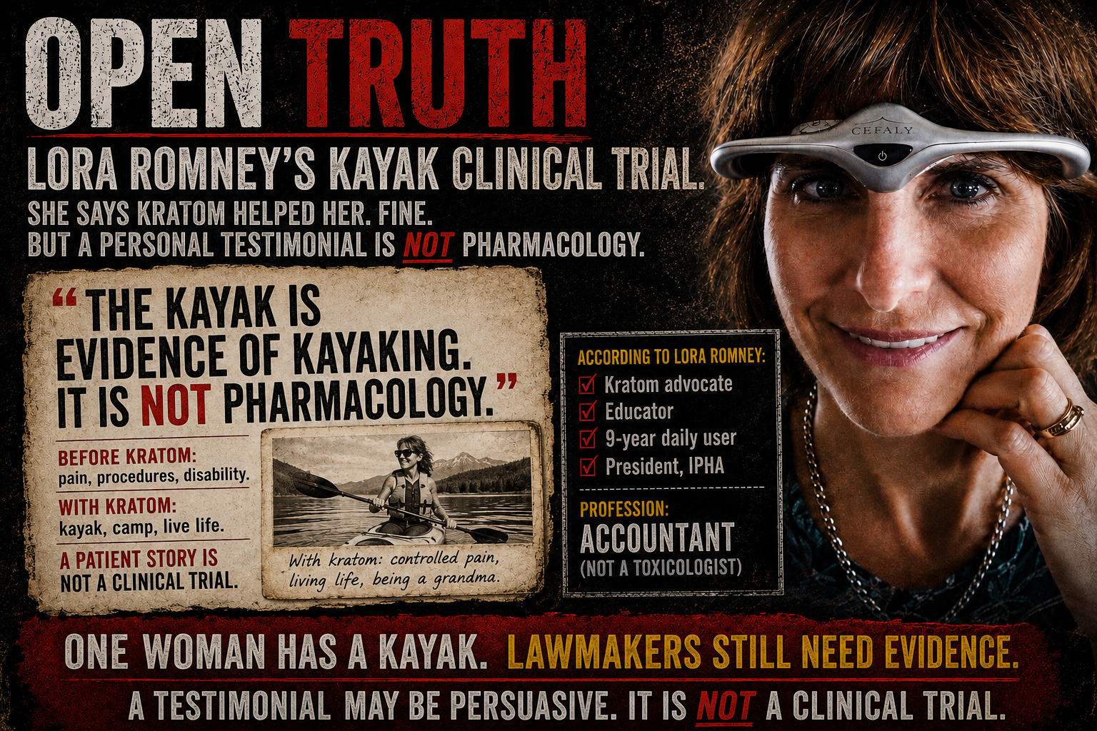 Open Truth: Lora Romney — The Kayak Clinical Trial, juxtaposing her advocacy imagery with the question of what constitutes evidence