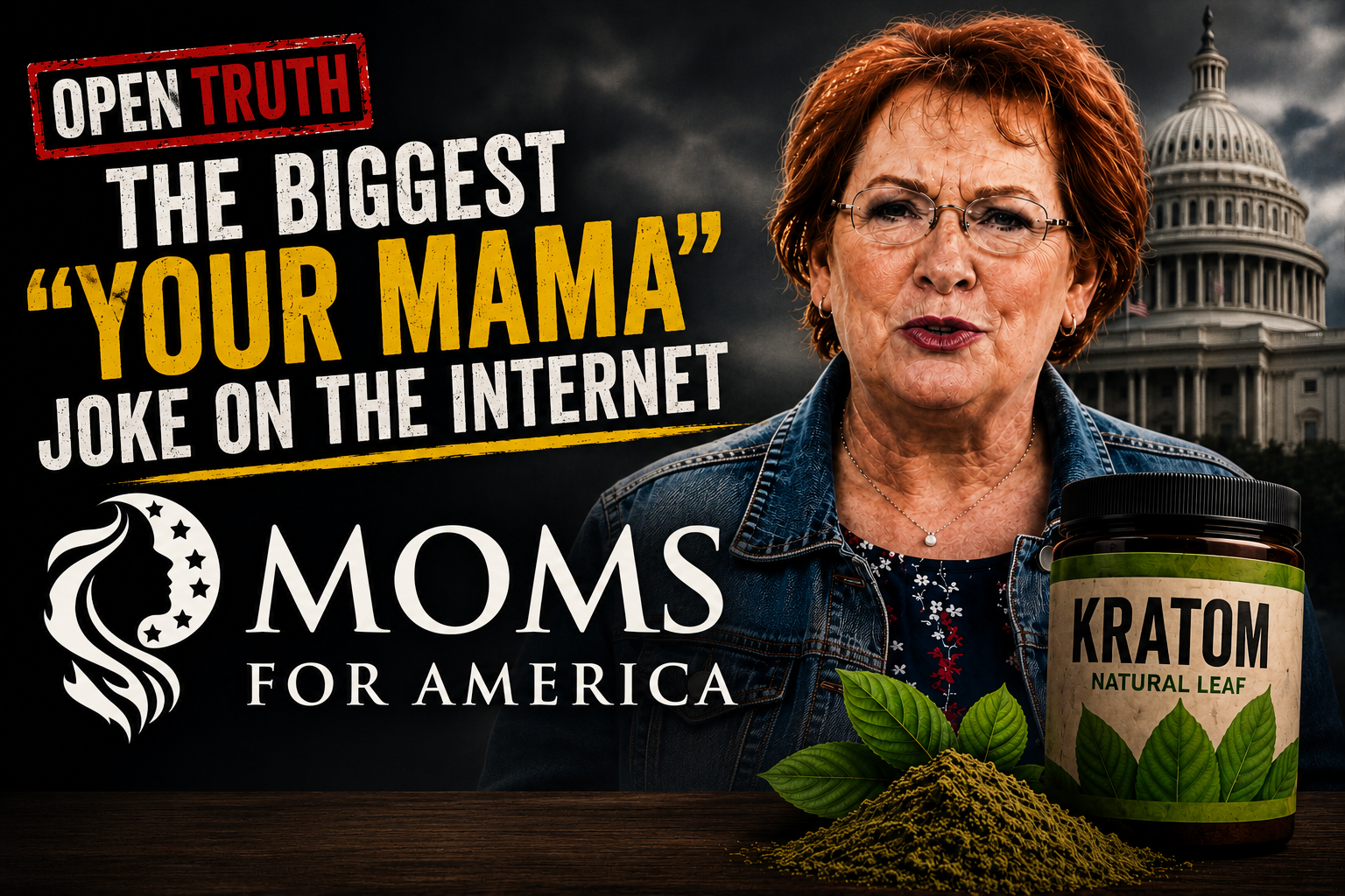 Open Truth: Moms for America — editorial graphic highlighting the organization's kratom advocacy and the partnership with the kratom lobby