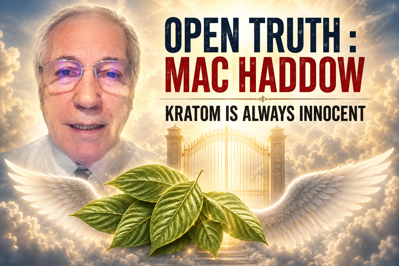 Open Truth: Mac Haddow — editorial graphic capturing his years of kratom advocacy and the recurring conclusion that kratom is always innocent
