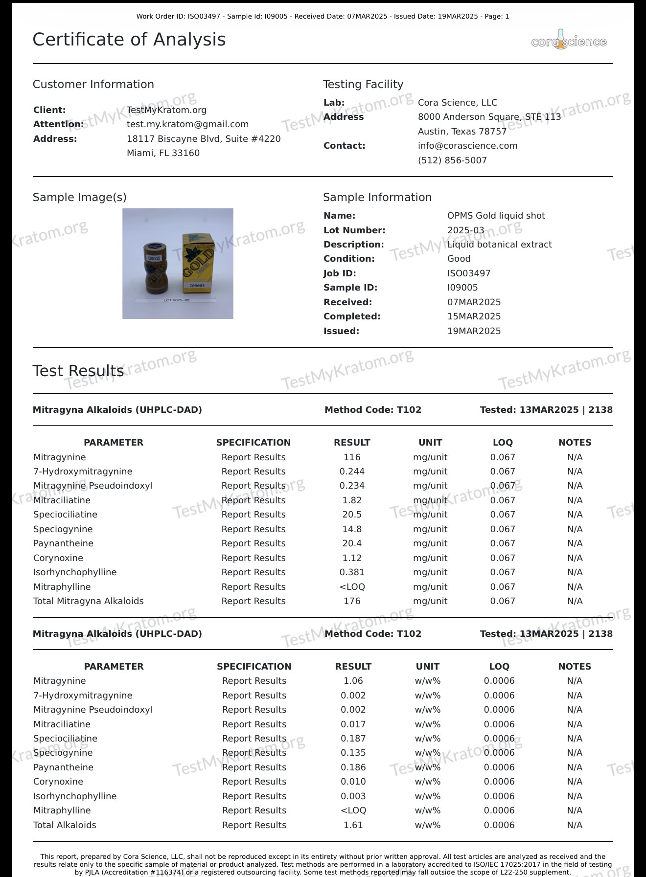 O.P.M.S. Gold Liquid certificate of analysis showing MP content