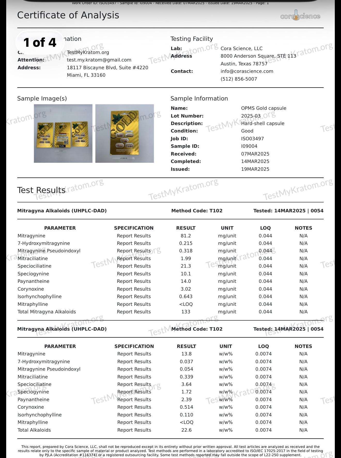 O.P.M.S. Gold Capsule certificate of analysis showing MP content