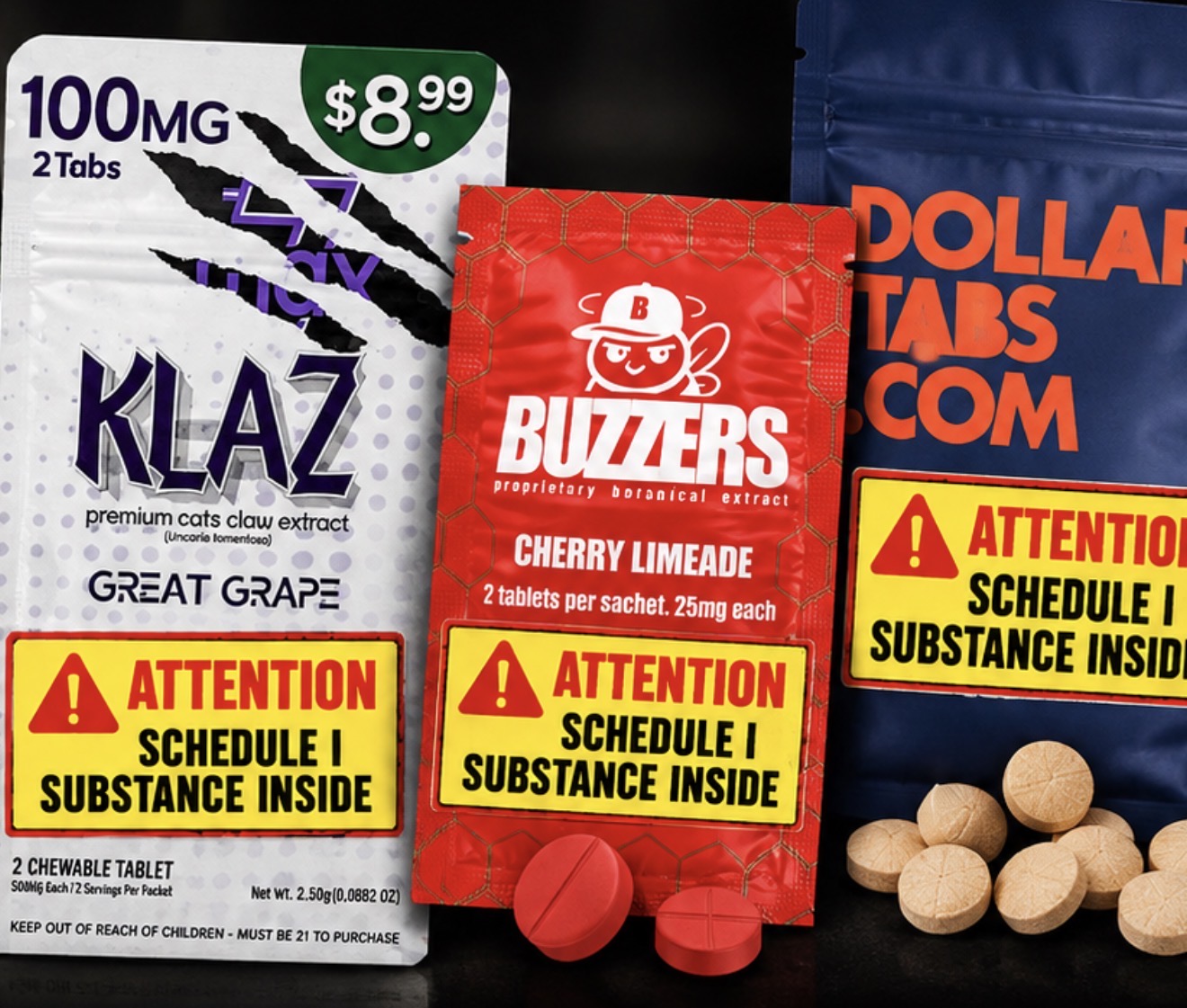 Cat's claw products shown with hypothetical Schedule I substance warning labels